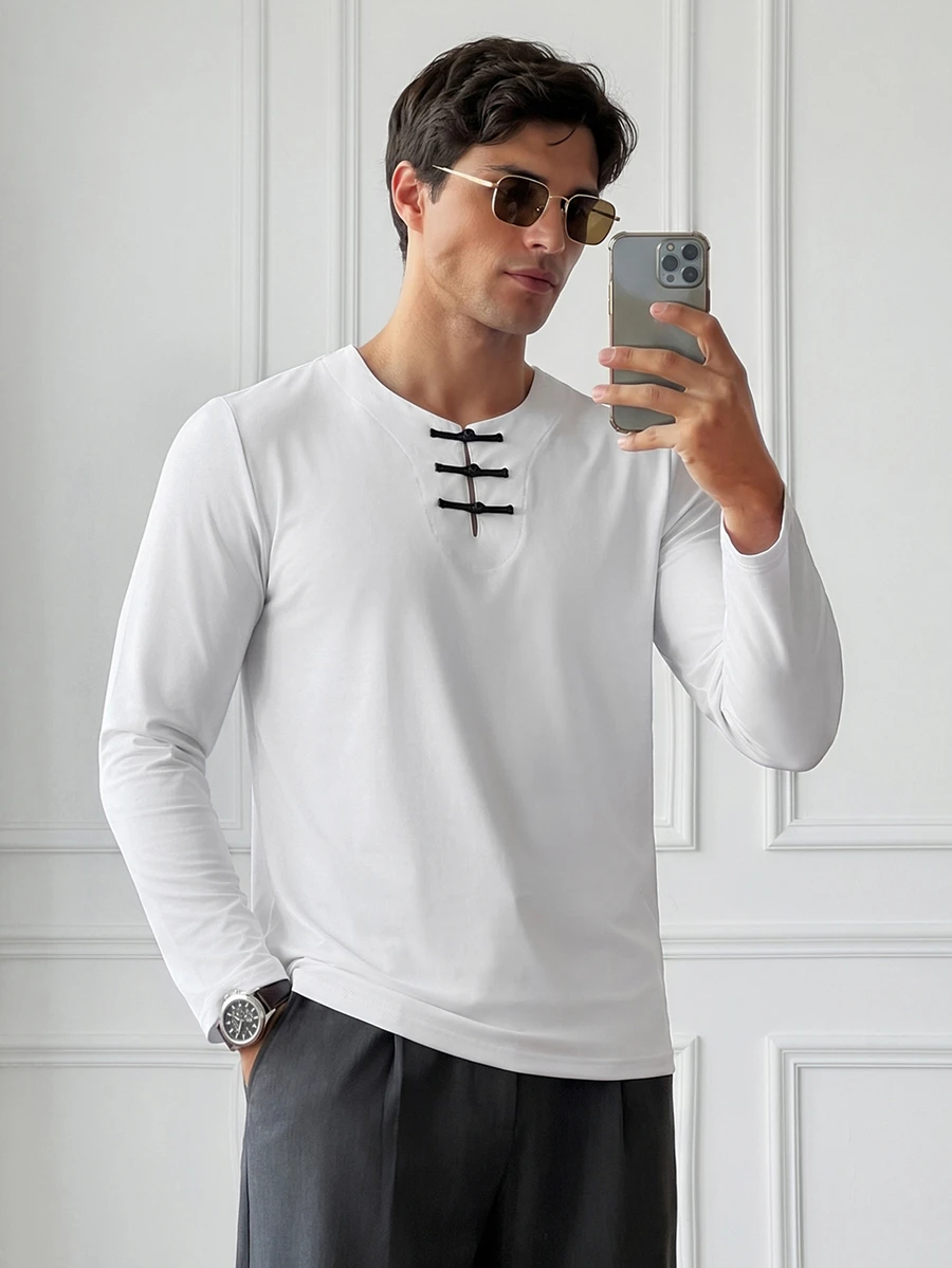 HUEFORM Spring/Autumn New Chinese Style Classic Long Sleeve Crew Neck T-Shirt, Vintage Modified Frog Button Design Base Layer, Men's Casual Solid Color Minimalist Inner Top - White - View 1