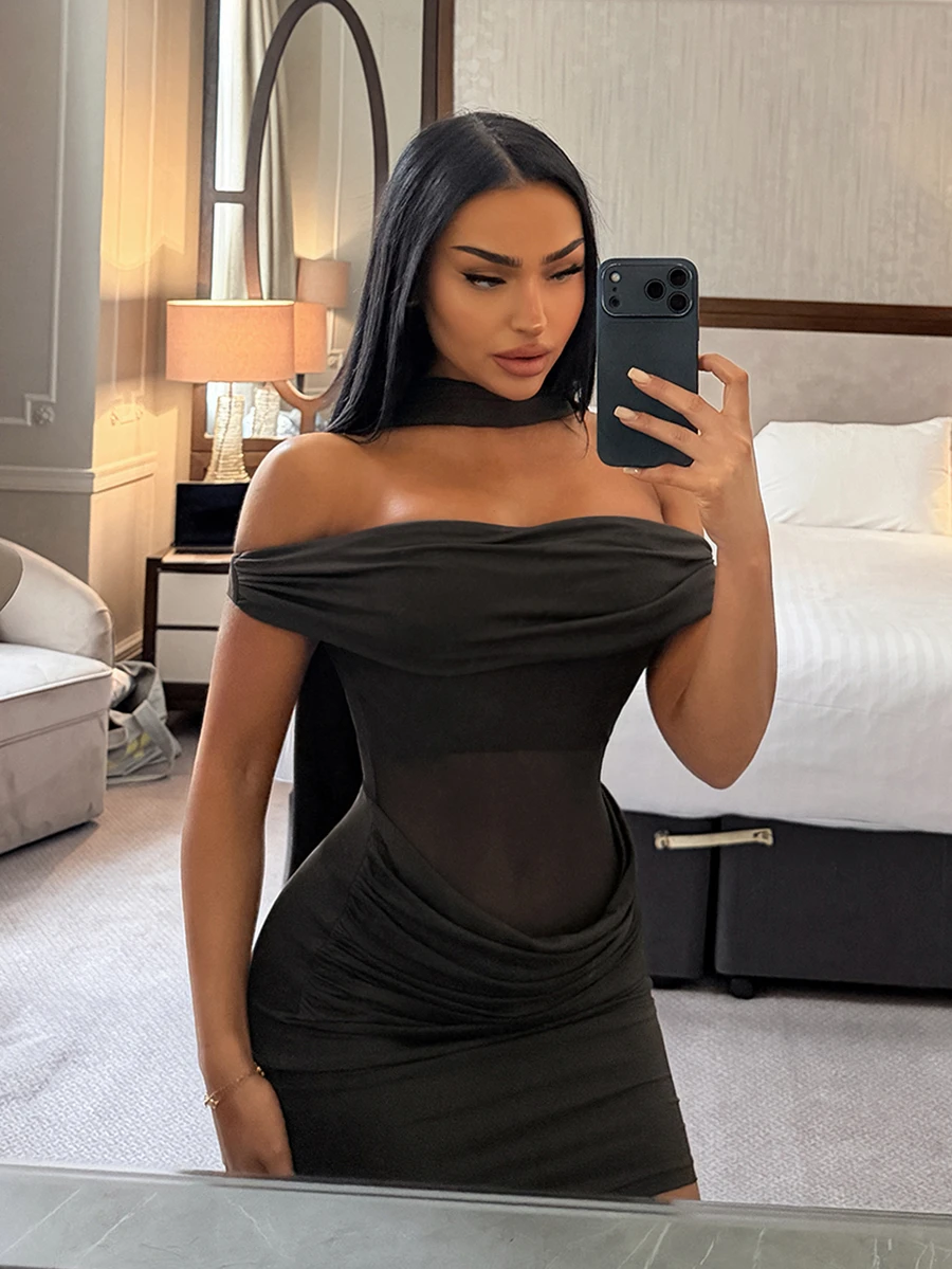 SHEIN SXY Women's Solid Color Pleated Casual Minimalist Summer Short Dress - Coffee Brown - View 1