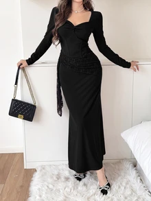 Feyla Women's Elegant Front Knot Ruched Fishbone Lace Dress - Black - View 3
