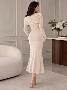 NOVVYNE Đầm midi nữ màu trơn xếp ly phong cách thường ngày dự tiệc mùa hè - Màu be - Xem 3