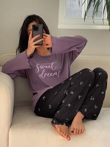DAZY 2pcs/Set Women's Pajama Set, Loose Letter Print Long Sleeve T-Shirt & Sweet Floral Straight Leg Long Pants - Purple - View 4