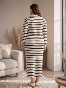 Rosumi Women's Plus Size Striped Cardigan And Skirt Set - Multicolor - View 2