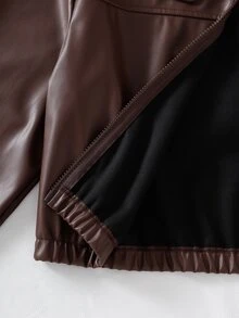 SHEIN 青少年女孩秋季黑色修身短版拉鍊外套，街頭風，秋季，假期 - 棕色 - 查看 5
