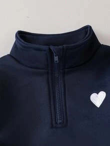 SHEIN 2件組女嬰蝴蝶結刺繡長袖上衣與長褲套裝，運動休閒服，海軍藍，秋季可愛校園風 - 寶藍色 - 查看 6