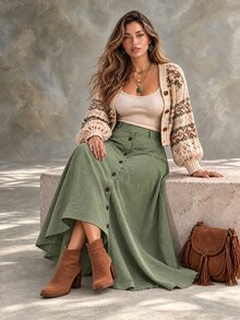Ceyna Plus Size Women Solid Color Single-Breasted Casual Commute Skirt - Multicolor - View 4
