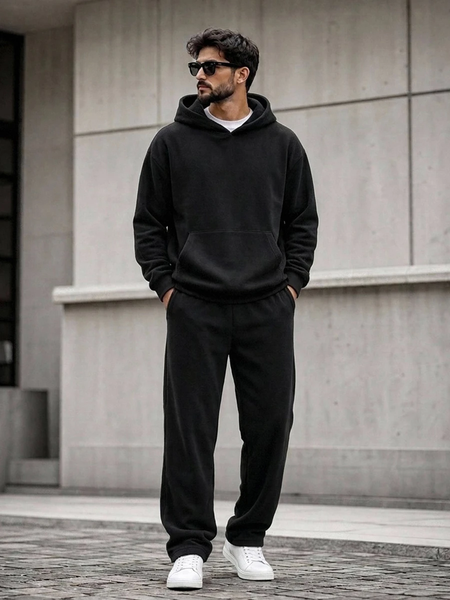 DAZY Setelan Sweatshirt dan Celana Korduroi Hitam untuk Pria, Musim Semi/Musim Gugur - Hitam - View 1