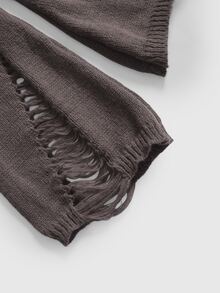 ROMWE Goth Spring Casual Black Fashionable Punk Dark Style Distressed Design Waist Wrap Exposed Shoulder Sweater - Rust Brown - View 4