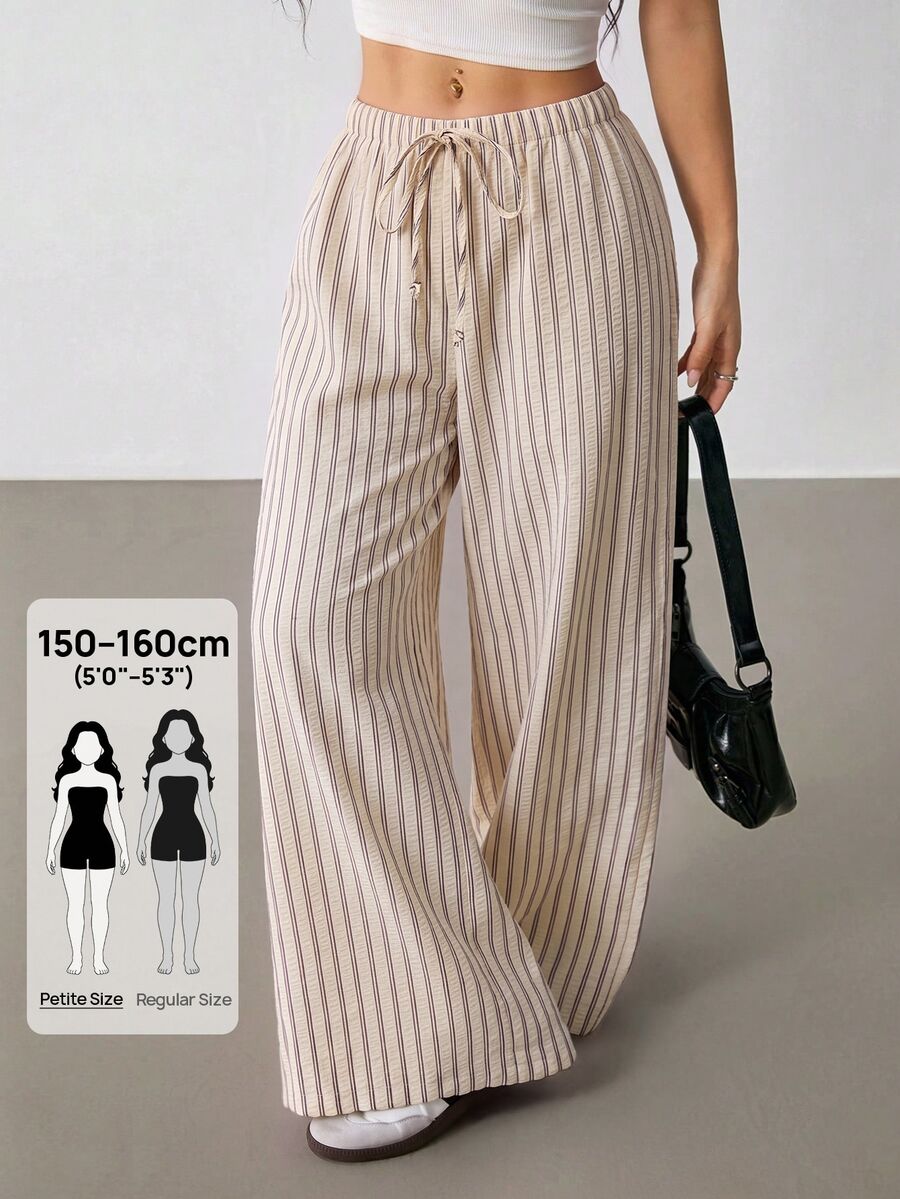 SHEIN PETITE 女款休閒寬鬆藍白條紋寬腿褲,小個女生適用,沙灘秋季穿搭 - 淡黃色 - 查看 1