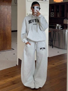 SHEIN EZwear 字母圖案落肩抽繩連帽衛衣與寬腿運動褲套裝 - 淺灰色 - 查看 8