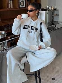 SHEIN EZwear 字母圖案落肩抽繩連帽衛衣與寬腿運動褲套裝 - 淺灰色 - 查看 7