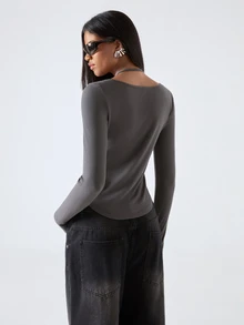 LYSMO Women's Solid Color Twisted Halter Neck Long Sleeve 2 In 1 T-Shirt With Split Hem - Grey - View 2