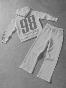 Manfinity Hypemode Set Kasual Pria Gaya Jalanan, Hoodie Motif Api Abu-abu dengan Cetakan Bahasa Inggris, Celana Longgar Motif Api, Pakaian Lengkap Gaya Jalanan, Serbaguna untuk Sehari-hari - MultiWarna - View 4