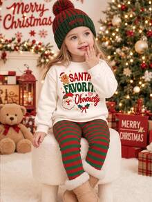 Santa's Favorite Obviously 幼女聖誕搖粒絨運動衫與刷毛布料精靈圖案內搭褲套裝，節日派對禮物，舒適氛圍 - 彩色 - 查看 2
