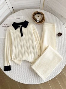 Bộ áo len tay dài cổ bẻ phối màu và quần dệt kim cho bé gái tuổi teen - Màu be - Xem 3