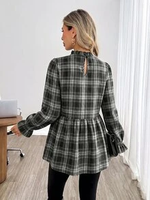Easowa 女款極簡格紋喇叭袖襯衫 - 彩色 - 查看 2