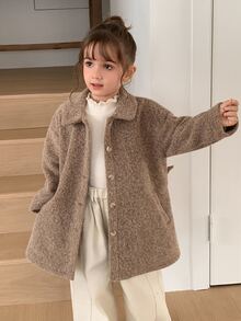 Hapijoa Young Girl Vintage Button Pocket Long Sleeve Overcoat - Coffee Brown - View 2