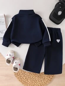 SHEIN 2件組女嬰蝴蝶結刺繡長袖上衣與長褲套裝，運動休閒服，海軍藍，秋季可愛校園風 - 寶藍色 - 查看 2