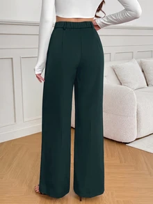 SHEIN Tall 休閒百搭純色高腰寬腿褲，適合高個子秋冬風格 - 綠色 - 查看 2