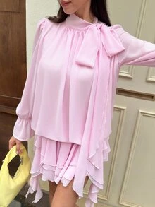 MainGRL Women's Pink Chiffon Long-Sleeved Short Dress With Bow Tie - Romantic, Sweet, And Versatile - Pink - View 3