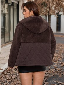SHEIN Clasi جاكيت جينز كاجوال متعدد الاستخدامات للنساء بمقاس كبير مع بطانية رأس للاستخدام اليومي - بني - مشاهدة 2