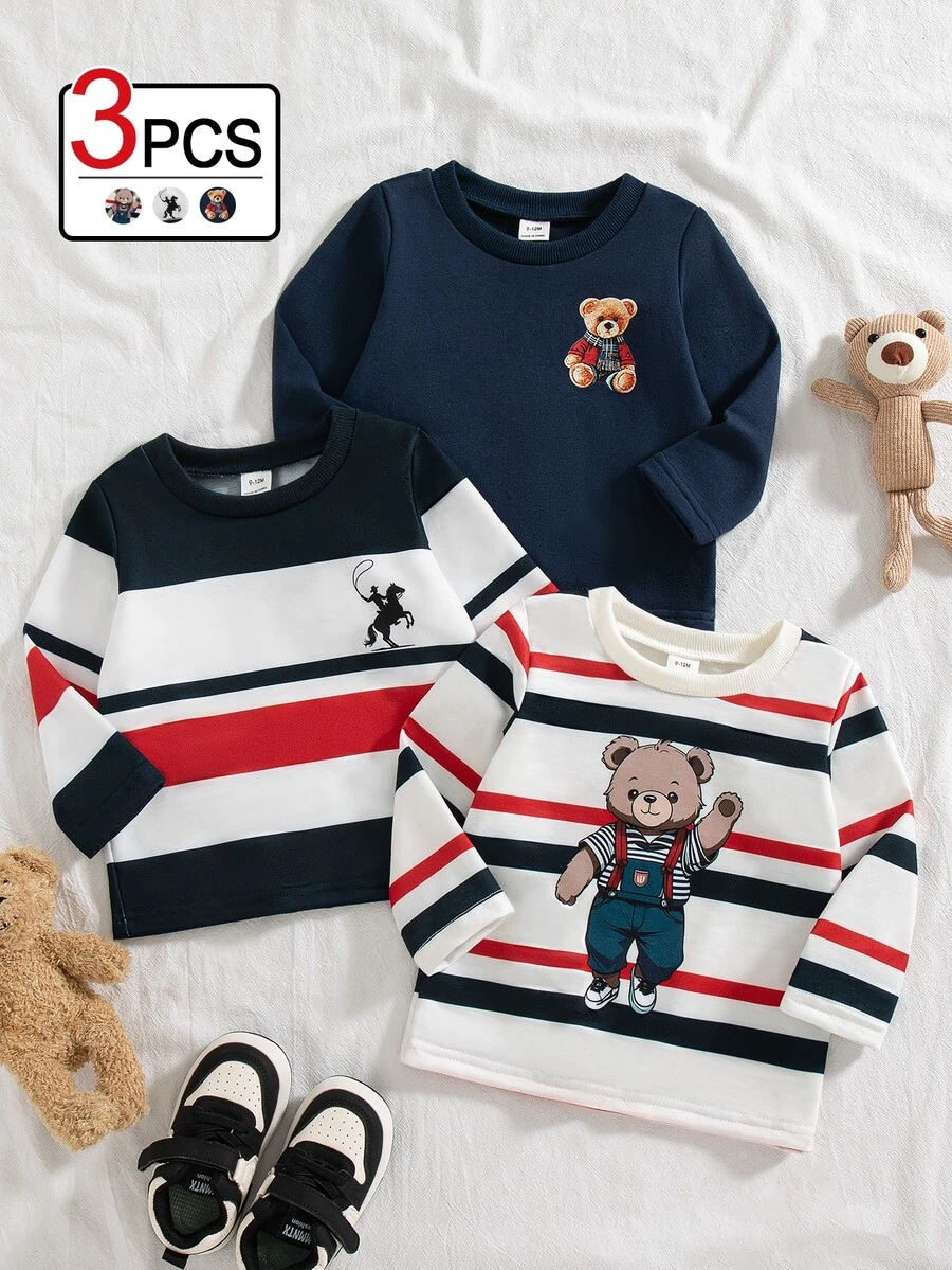 SHEIN 3件組幼兒男童套頭上衣,可愛海軍藍紅配色熊馬條紋羅紋印花長袖圓領,柔軟派對冬季節日款 - 彩色 - 查看 1