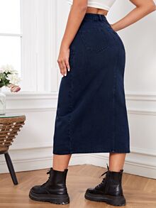 Flexra Plus Size Side Slit Denim Skirt Formal Date Night Black Autumn Casual 1960s - Dark Wash - View 6