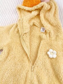 SHEIN 中性嬰兒男嬰/女嬰幼兒秋冬可愛小黃鴨造型毛絨連帽長袖連身衣，親膚柔軟 - 黃色 - 查看 3