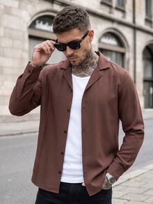 Manfinity CasualCool Men's Solid Color Casual Versatile Daily Wear Shirt - Coffee Brown - View 6