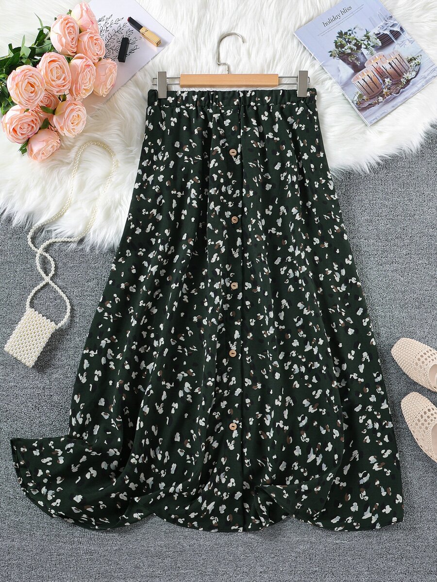 SHEIN LUNE 夏季大尺碼女款小豹紋長裙,前中鈕扣裝飾,母親節服飾 - 彩色 - 查看 1