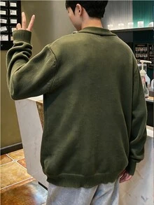 Claim Dot Men's Solid Color Single-Breasted Casual Everyday Cardigan, Fall/Winter, Long Sleeve Top - Green - View 2