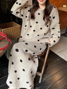 DAZY Women's Polka Dot Casual Sweater 2 Pieces Set - Khaki - View 1