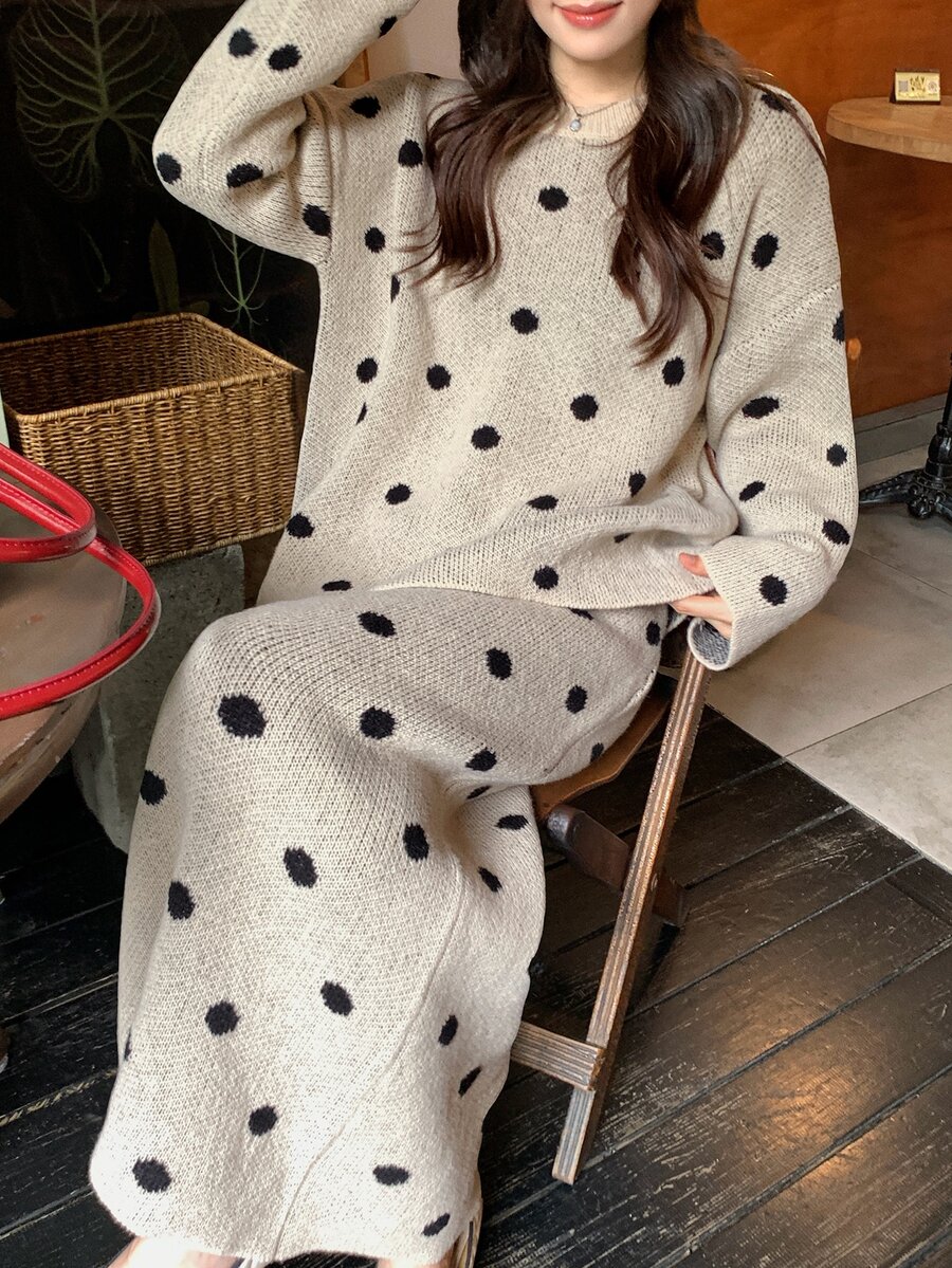 DAZY Women's Polka Dot Casual Sweater 2 Pieces Set - Khaki - View 1