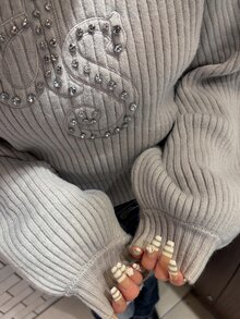 Dazy Plus Rhinestone Decor Letter Jacquard Short Korean Style Versatile Autumn/Winter Sweater - Grey - View 6