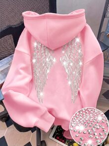 SHEIN 青少年女孩長袖連帽寬鬆黑色運動衫，萬聖節秋季派對街頭風休閒穿搭 - 粉色 - 查看 1