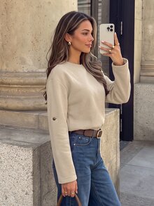 SHEIN LUNE Women's Solid Color Casual Daily Wear Long Sleeve Sweater - Apricot - View 4