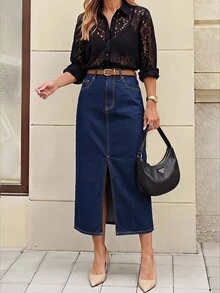 SHEIN ICON 純色大腿開衩斜口袋休閒牛仔迷你裙，日常水藍色，夏季新款，秋冬新品 - 藍色 - 查看 5