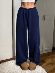 SHEIN EZwear 女款休閒基礎款寬鬆寬腿純色運動長褲，適合畢業季、返校、教師穿搭、上班、居家休閒、冬季健身，淺灰色 - 藏蓝色 - 查看 5