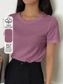 DAZY Women's Solid Color Versatile Round Neck Short Sleeve T-Shirt - Violet Purple - View 1