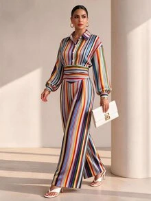 Structelle Women's Casual Commute Professional Colorful Striped Shirt Collar Jumpsuit - Multicolor - View 5