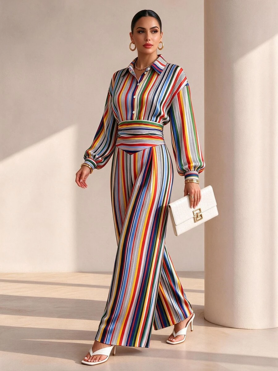Structelle Women's Casual Commute Professional Colorful Striped Shirt Collar Jumpsuit - Multicolor - View 1