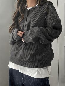 Dazy Plus Solid Color Round Neck Button Placket Drop Shoulder Long Sleeve Loose Casual Versatile Sweatshirt Autumn Winter - Dark Grey - View 6