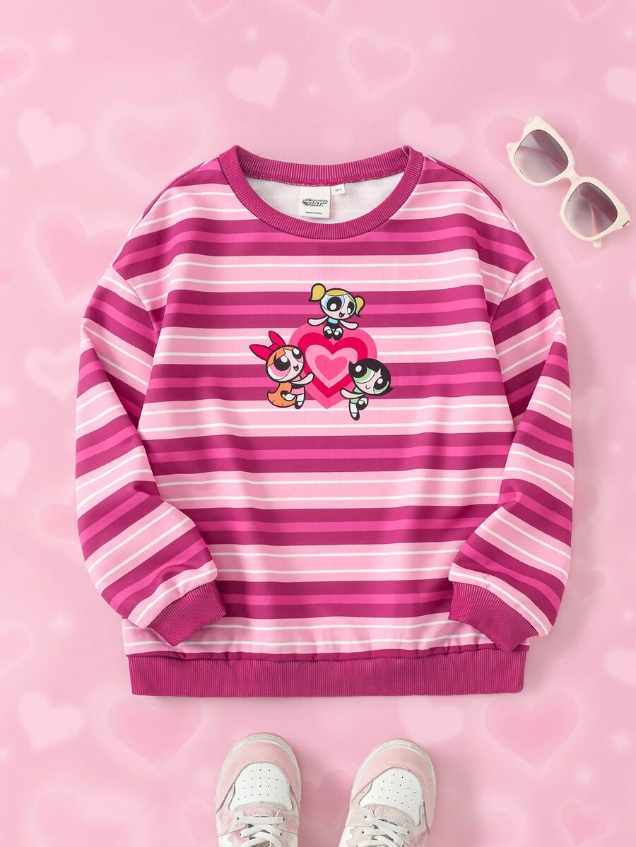 THE POWERPUFF GIRLS X SHEIN Áo nỉ dài tay in họa tiết hoạt hình kẻ sọc cho bé gái tuổi teen - Nhiều màu - Xem 1
