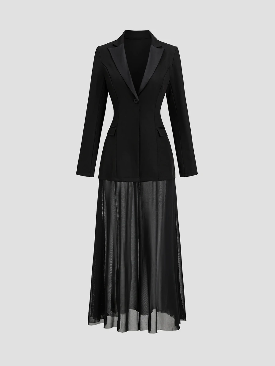 Sweetra Women's Autumn Sheer Mesh Patchwork Long Sleeve Blazer - Black - View 1