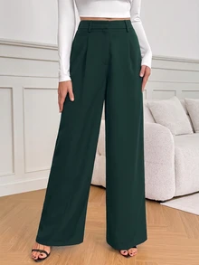 SHEIN Tall 休閒百搭純色高腰寬腿褲，適合高個子秋冬風格 - 綠色 - 查看 6