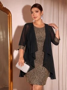 Cravure Elegant Casual Comfortable Gold Jacquard Chiffon Patchwork Women's Plus Size 2 Pieces Set Fall - Multicolor - View 4
