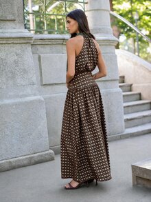 Nöista 女款領結領全印花休閒派對長洋裝 - 咖啡棕 - 查看 4