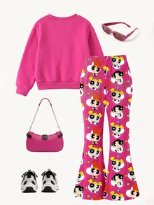 THE POWERPUFF GIRLS X SHEIN 女嬰卡通印花運動衫與喇叭褲2件套，休閒外出穿搭 - 玫紅色 - 查看 3