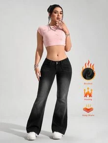 SHEIN PETITE 女款口袋喇叭休閒百搭牛仔褲，適合嬌小女性，秋冬穿著，刷毛牛仔面料 - 黑色 - 查看 4