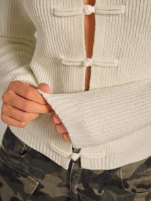 Athîral Women's Versatile Ribbed Frog Button Long Sleeve Elegant Sweater - Cream - View 6