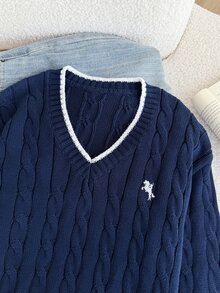 SHEIN 女童毛衣，復古街頭風麻花編織，黑色飾邊修身V領，馬刺繡，休閒，秋冬返校季，海軍藍與白色 - 藏蓝色 - 查看 8
